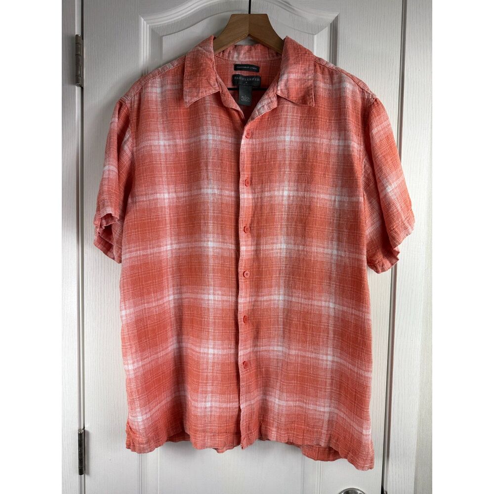 Saddlebred Men's Short Sleeve Button Up Linen Blend Shirt Orange Plaid Size L
